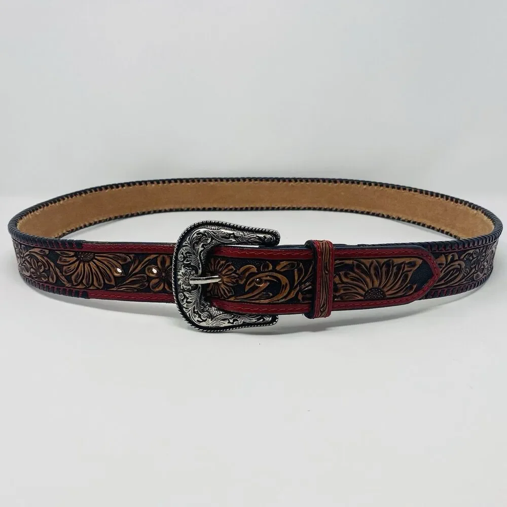 American Darling 44 Red Floral Hand Tooled Leather Belt Western Unisex USA Rodeo